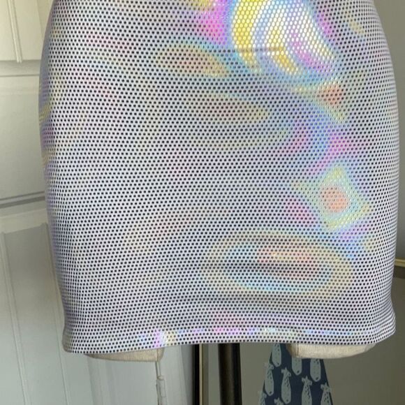 Holographic Mini Dress Tie Back, 80’s L.W. Sin-Sations body con sz s/m form fit - Picture 6 of 16